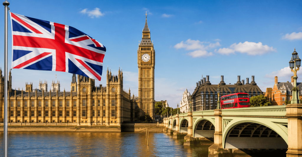 UK Investor Visa Tier 1 concept with Big Ben, Westminster Bridge and the Union Jack flag in London