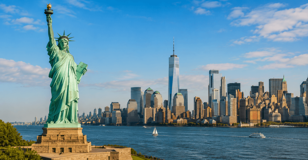 Statue of Liberty and New York skyline symbolizing U.S. citizenship through investment