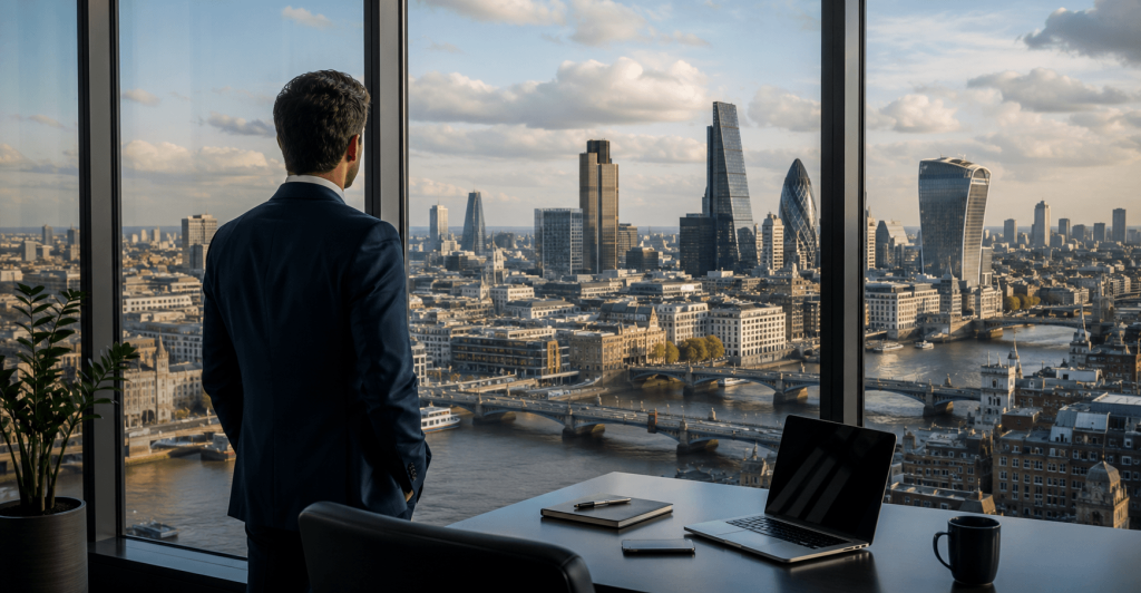 Business professional overlooking London skyline representing the UK Innovator Visa program