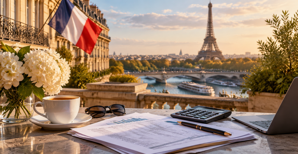 Taxes in France in 2026: tax declaration, tax calculation and financial planning with Paris cityscape in the background